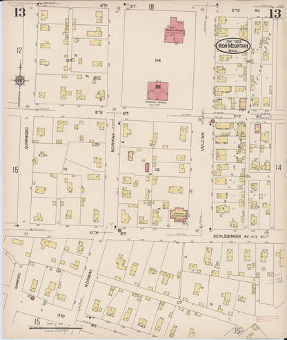 Sanborn Fire Insurance Map from Iron Mountain, Dickinson County, Michigan (1923), Sheet #0013 - Historic Sanborn Fire Insurance Map Print, vintage old map wall art, antique decor, genealogy gift, Michigan Michigan map