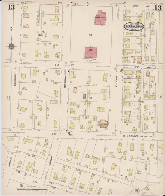 Sanborn Fire Insurance Map from Iron Mountain, Dickinson County, Michigan (1923), Sheet #0013 - Historic Sanborn Fire Insurance Map Print, vintage old map wall art, antique decor, genealogy gift, Michigan Michigan map
