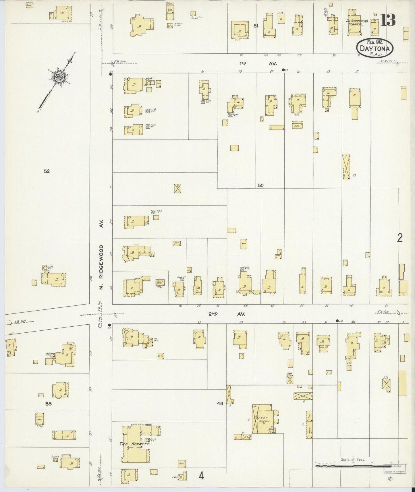 Sanborn Fire Insurance Map from Daytona, Volusia County, Florida (1912), Sheet #0013 - Complete Map Set gallery image, historic Sanborn map, vintage wall art, Florida Florida