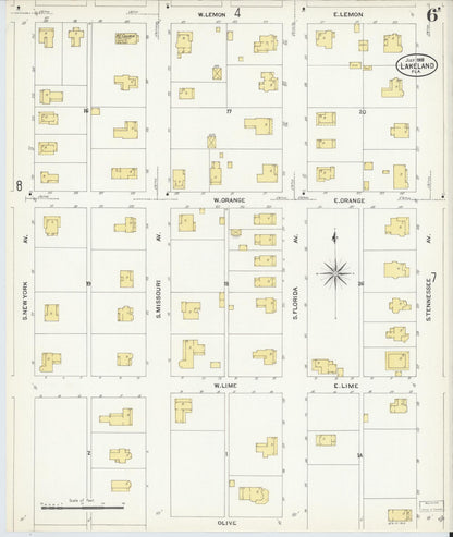 Sanborn Fire Insurance Map from Lakeland, Polk County, Florida (1908), Sheet #0006 - Historic Sanborn Fire Insurance Map Print, vintage old map wall art, antique decor, genealogy gift, Florida Florida map