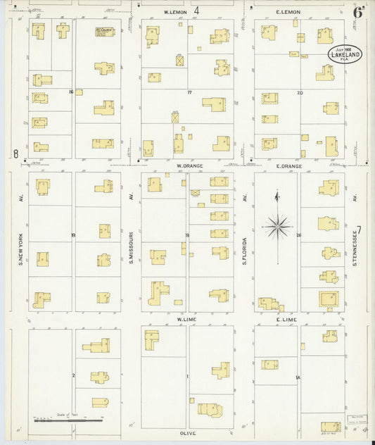Sanborn Fire Insurance Map from Lakeland, Polk County, Florida (1908), Sheet #0006 - Historic Sanborn Fire Insurance Map Print, vintage old map wall art, antique decor, genealogy gift, Florida Florida map