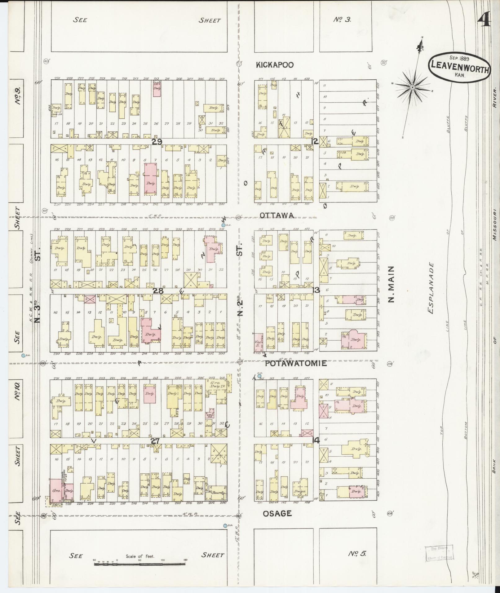 Sanborn Fire Insurance Map from Leavenworth, Leavenworth County, Kansas (1889), Sheet #0005 - Complete Map Set gallery image, historic Sanborn map, vintage wall art, Kansas Kansas