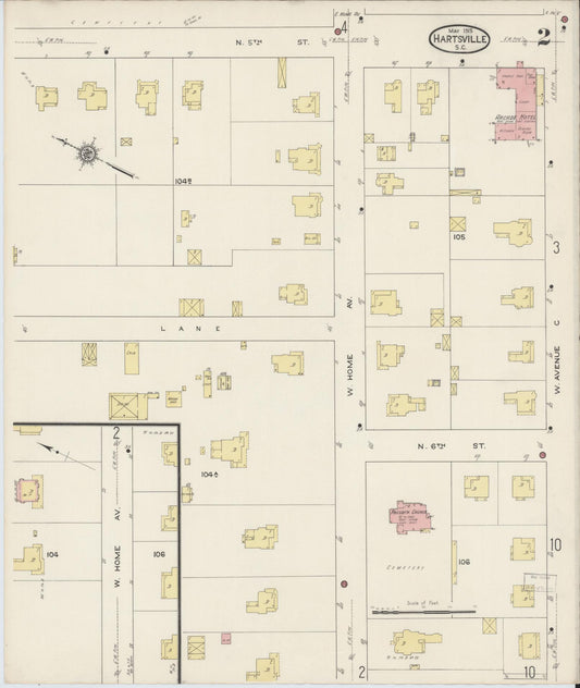 Sanborn Fire Insurance Map from Hartsville, Darlington County, South Carolina (1915), Sheet #0002 - Historic Sanborn Fire Insurance Map Print, vintage old map wall art, antique decor, genealogy gift, South Carolina South Carolina map