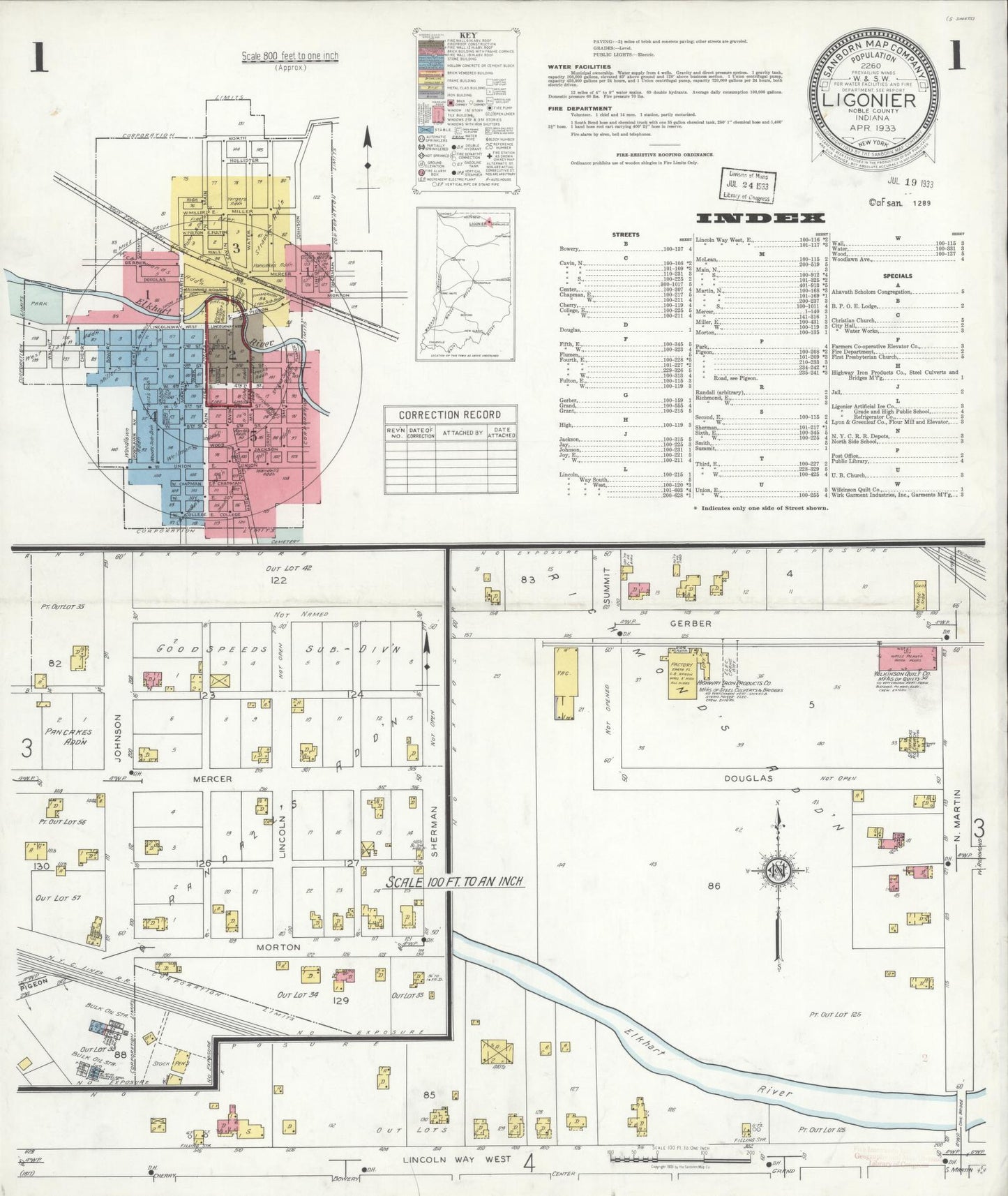 Sanborn Fire Insurance Map from Ligonier, Noble County, Indiana (1933), Sheet #0001 - Complete Map Set gallery image, historic Sanborn map, vintage wall art, Indiana Indiana