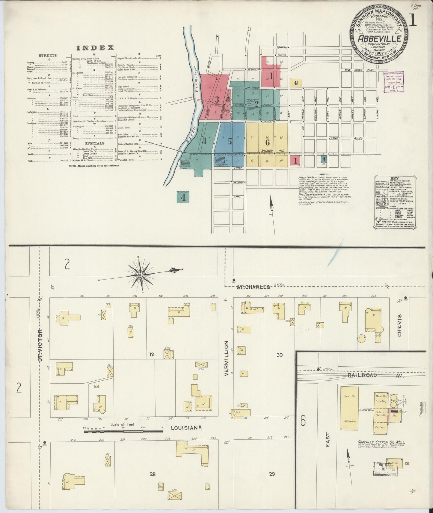 Sanborn Fire Insurance Map from Abbeville, Vermilion Parish, Louisiana (1907), Sheet #0001 - Historic Sanborn Fire Insurance Map Print, vintage old map wall art, antique decor, genealogy gift, Louisiana Louisiana map
