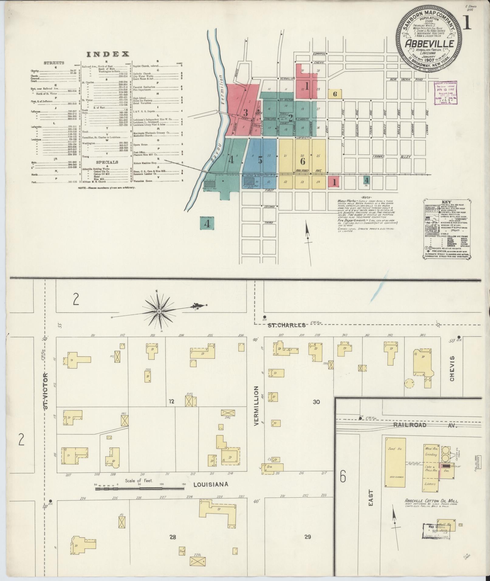Sanborn Fire Insurance Map from Abbeville, Vermilion Parish, Louisiana (1907), Sheet #0001 - Historic Sanborn Fire Insurance Map Print, vintage old map wall art, antique decor, genealogy gift, Louisiana Louisiana map