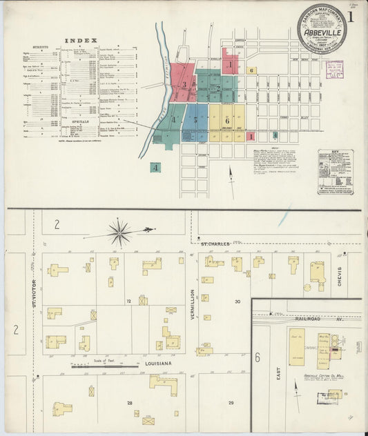 Sanborn Fire Insurance Map from Abbeville, Vermilion Parish, Louisiana (1907), Sheet #0001 - Historic Sanborn Fire Insurance Map Print, vintage old map wall art, antique decor, genealogy gift, Louisiana Louisiana map
