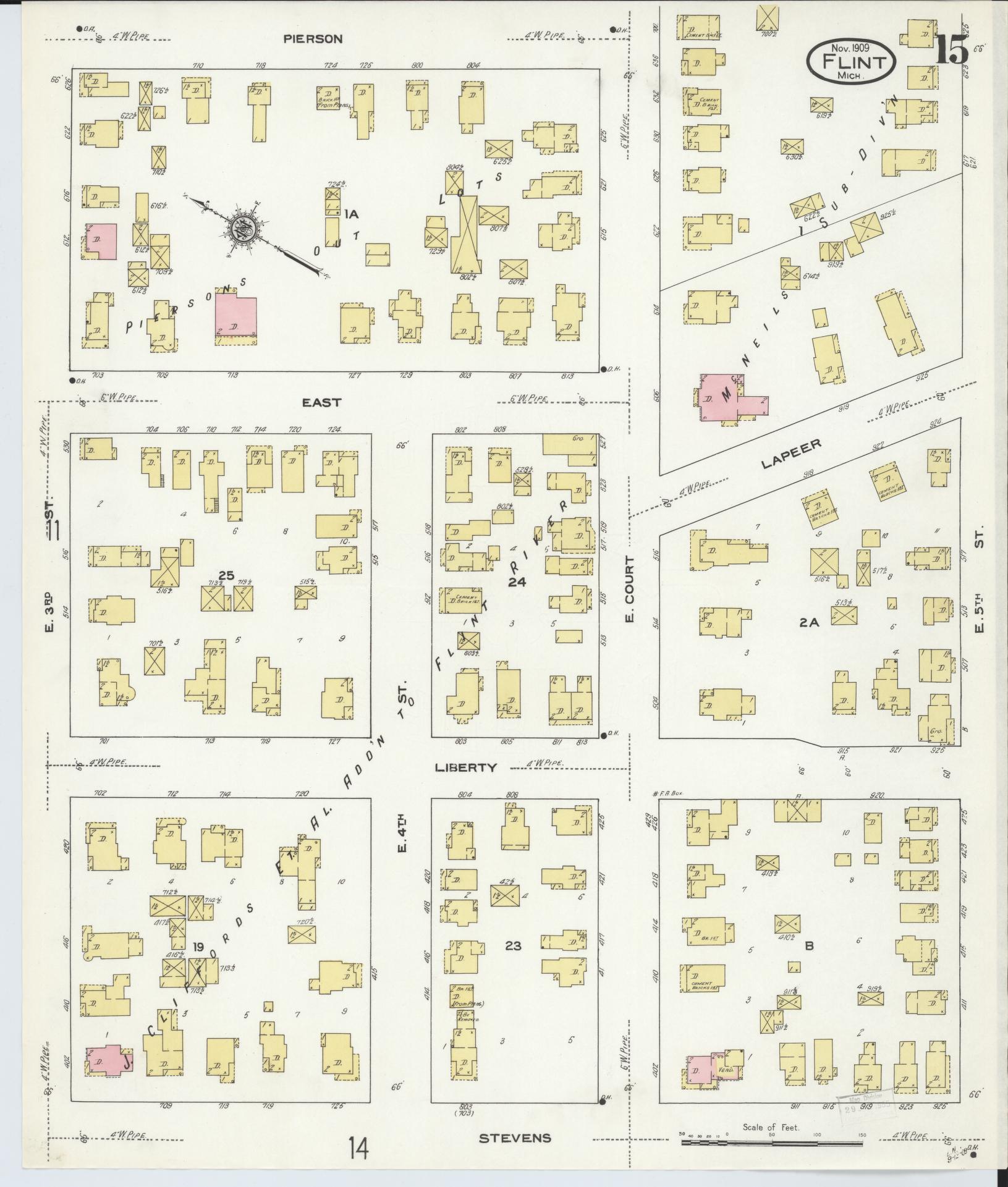 Sanborn Fire Insurance Map from Flint, Genesee County, Michigan (1909), Sheet #0015 - Historic Sanborn Fire Insurance Map Print, vintage old map wall art, antique decor, genealogy gift, Michigan Michigan map