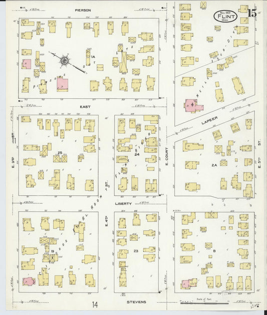 Sanborn Fire Insurance Map from Flint, Genesee County, Michigan (1909), Sheet #0015 - Historic Sanborn Fire Insurance Map Print, vintage old map wall art, antique decor, genealogy gift, Michigan Michigan map