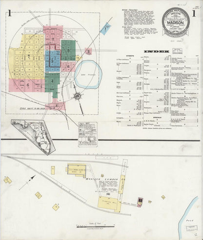Sanborn Fire Insurance Map from Madison, Madison County, Florida (1924), Sheet #0001 - Historic Sanborn Fire Insurance Map Print, vintage old map wall art, antique decor, genealogy gift, Florida Florida map