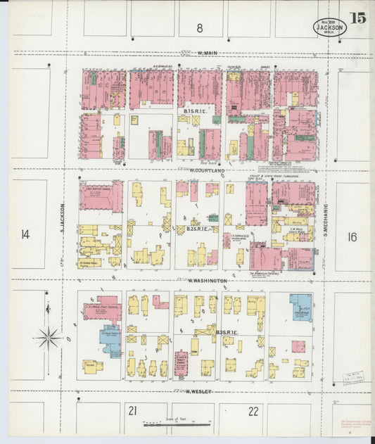 Sanborn Fire Insurance Map from Jackson, Jackson County, Michigan (1899), Sheet #0015 - Historic Sanborn Fire Insurance Map Print, vintage old map wall art, antique decor, genealogy gift, Michigan Michigan map