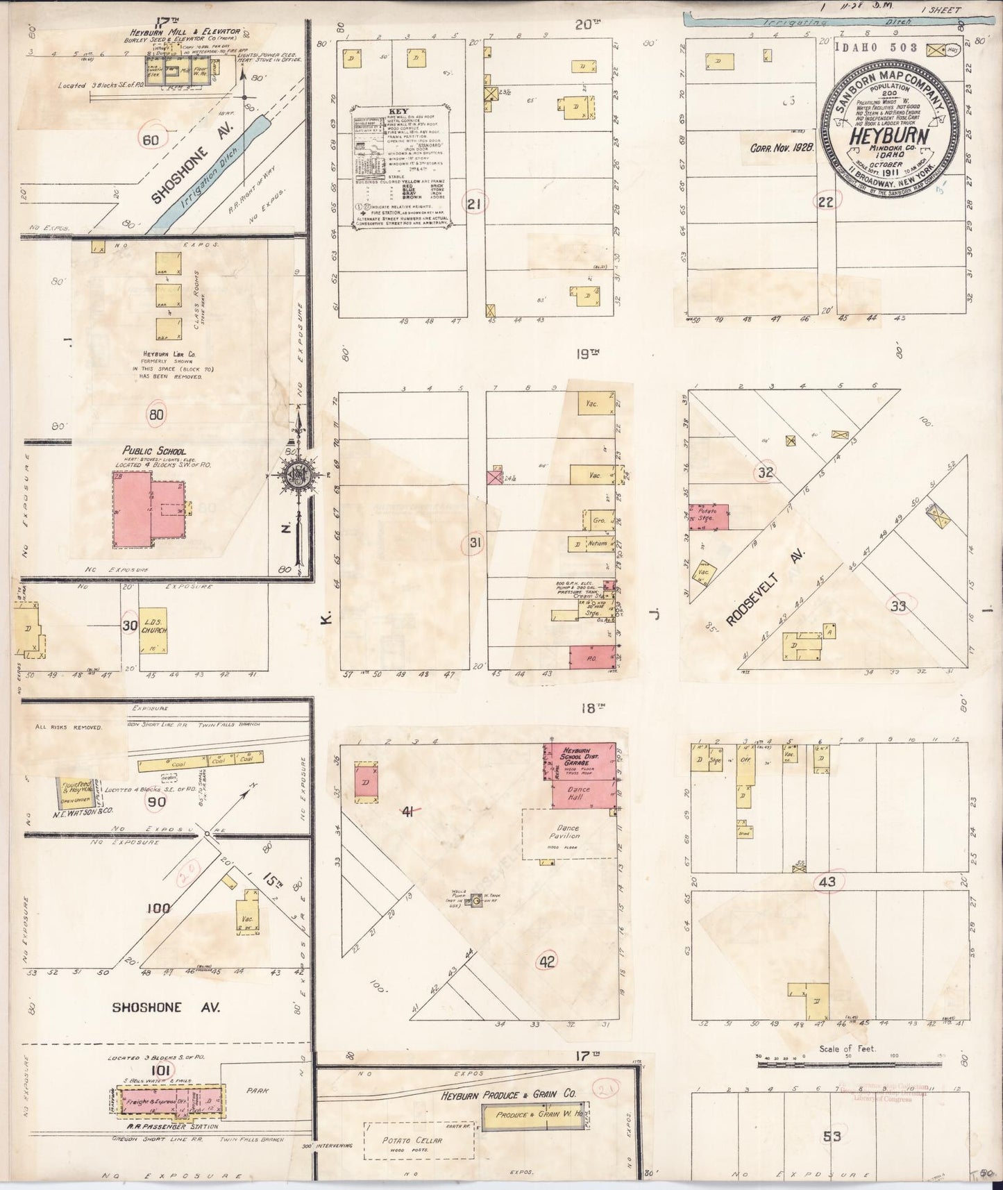 Sanborn Fire Insurance Map from Heyburn, Minidoka County, Idaho (1928), Sheet #0001 - Historic Sanborn Fire Insurance Map Print, vintage old map wall art, antique decor, genealogy gift, Idaho Idaho map