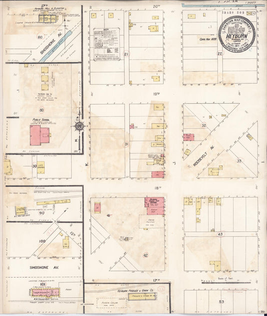 Sanborn Fire Insurance Map from Heyburn, Minidoka County, Idaho (1928), Sheet #0001 - Historic Sanborn Fire Insurance Map Print, vintage old map wall art, antique decor, genealogy gift, Idaho Idaho map