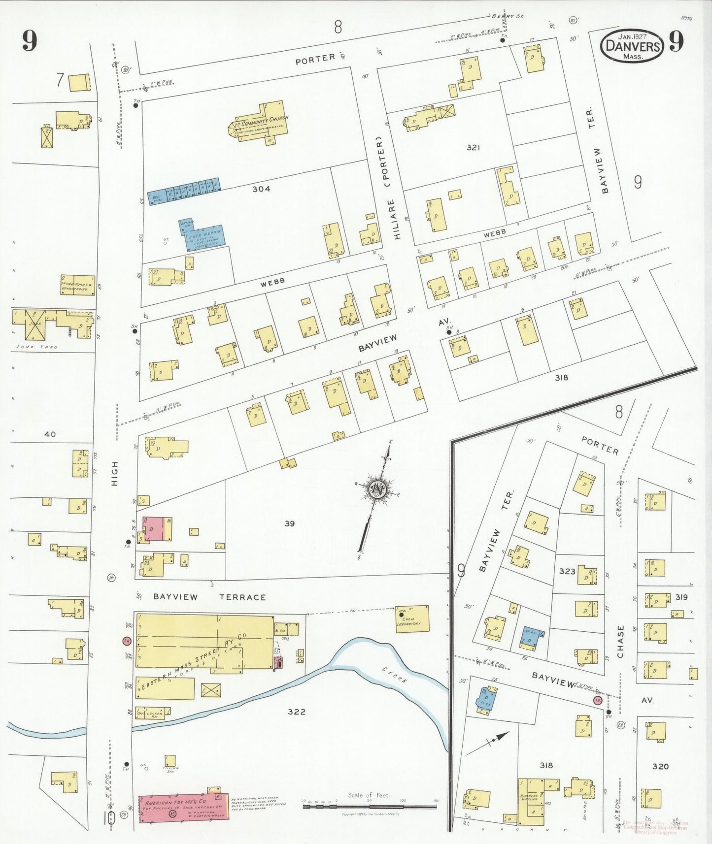 Sanborn Fire Insurance Map from Danvers, Essex County, Massachusetts (1927), Sheet #0009 - Complete Map Set gallery image, historic Sanborn map, vintage wall art, Massachusetts Massachusetts