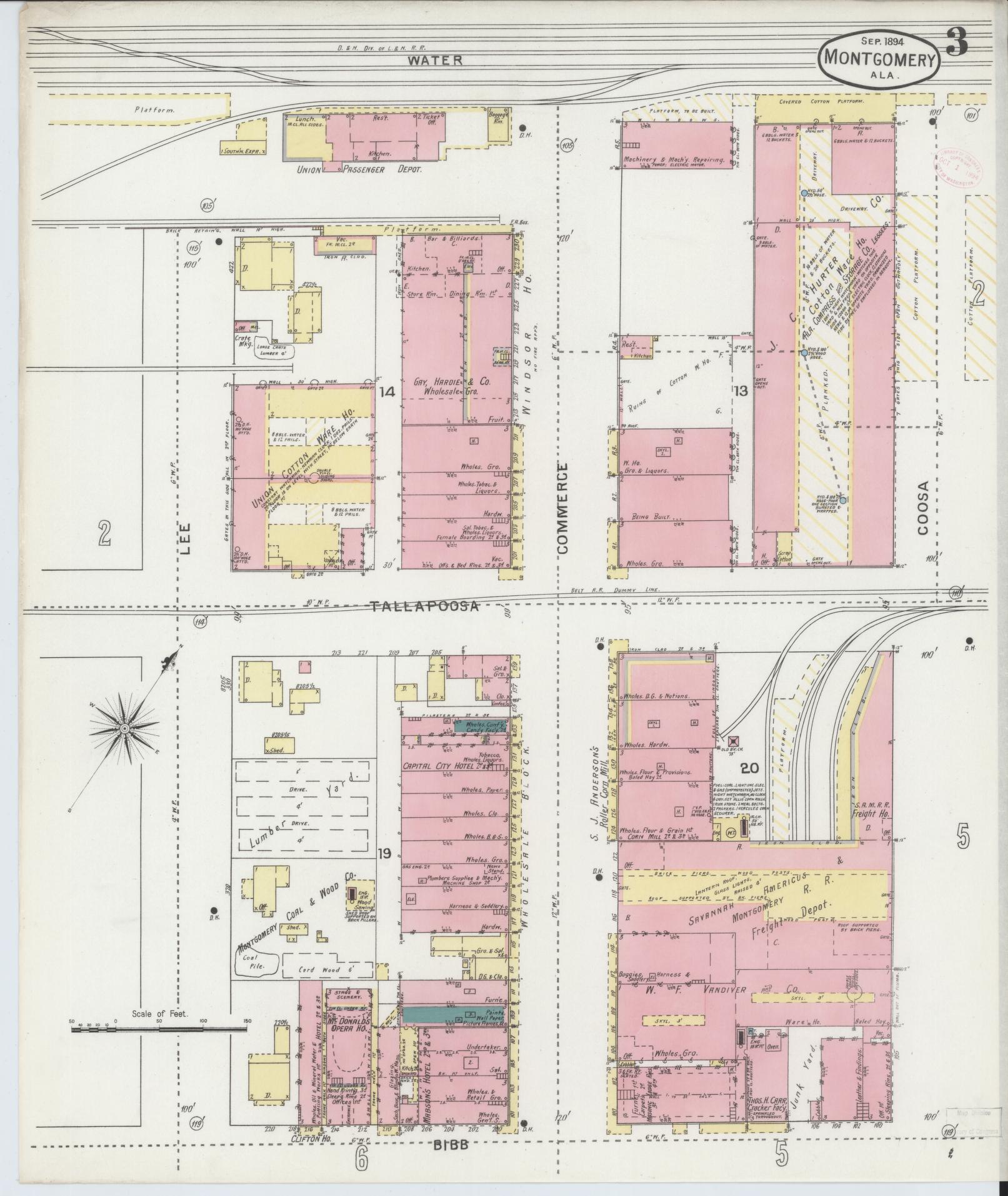 Sanborn Fire Insurance Map from Montgomery, Montgomery County, Alabama (1894), Sheet #0003 - Complete Map Set gallery image, historic Sanborn map, vintage wall art, Alabama Alabama