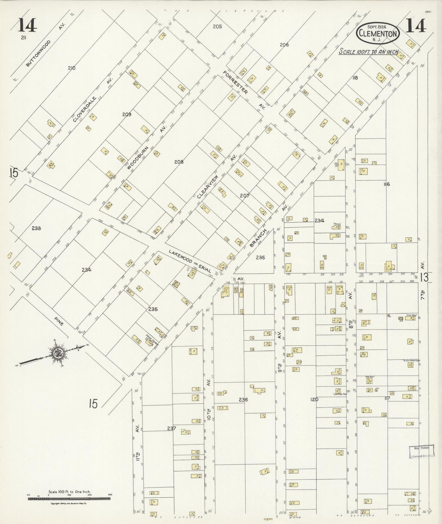 Sanborn Fire Insurance Map from Clementon, Camden County, New Jersey (1924), Sheet #0014 - Historic Sanborn Fire Insurance Map Print, vintage old map wall art, antique decor, genealogy gift, New Jersey New Jersey map