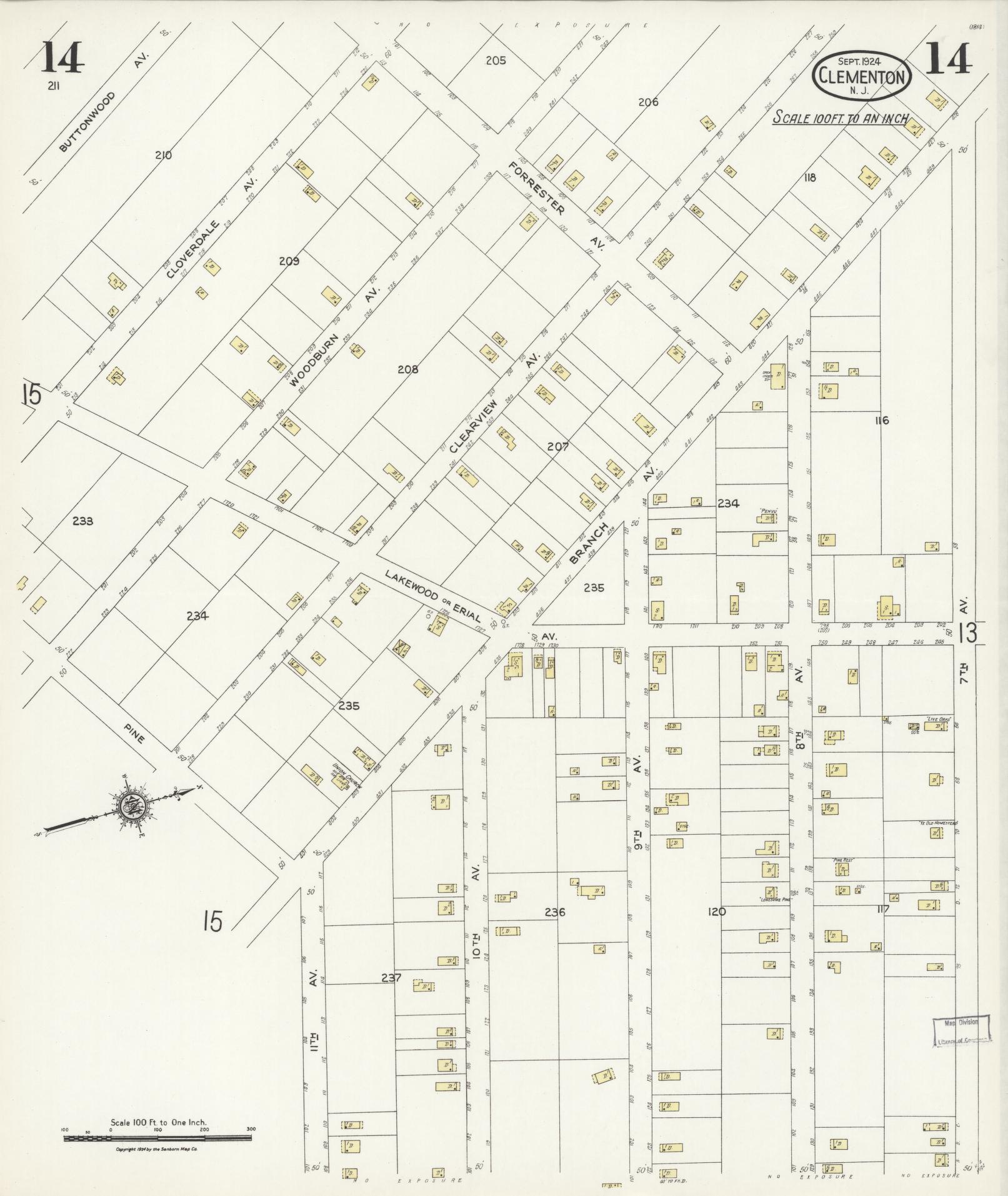 Sanborn Fire Insurance Map from Clementon, Camden County, New Jersey (1924), Sheet #0014 - Historic Sanborn Fire Insurance Map Print, vintage old map wall art, antique decor, genealogy gift, New Jersey New Jersey map
