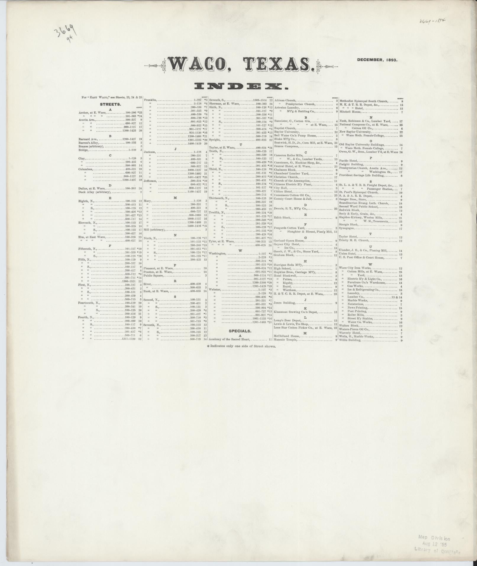 Sanborn Fire Insurance Map from Waco, McLennan County, Texas. (1893) – Historic Sanborn Fire Insurance Map Print