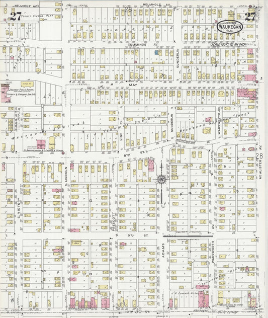 Sanborn Fire Insurance Map from Waukegan, Lake County, Illinois (1924), Sheet #0027 - Historic Sanborn Fire Insurance Map Print, vintage old map wall art, antique decor, genealogy gift, Illinois Illinois map