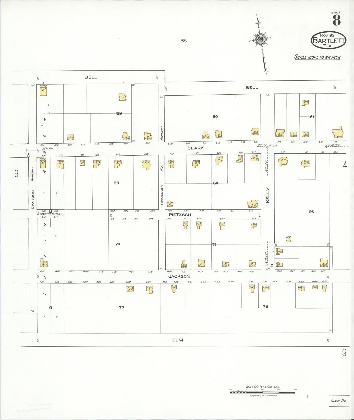 Sanborn Fire Insurance Map from Bartlett, Bell and Williamson Counties, Texas (1921), Sheet #0008 - Complete Map Set gallery image, historic Sanborn map, vintage wall art, Texas Texas