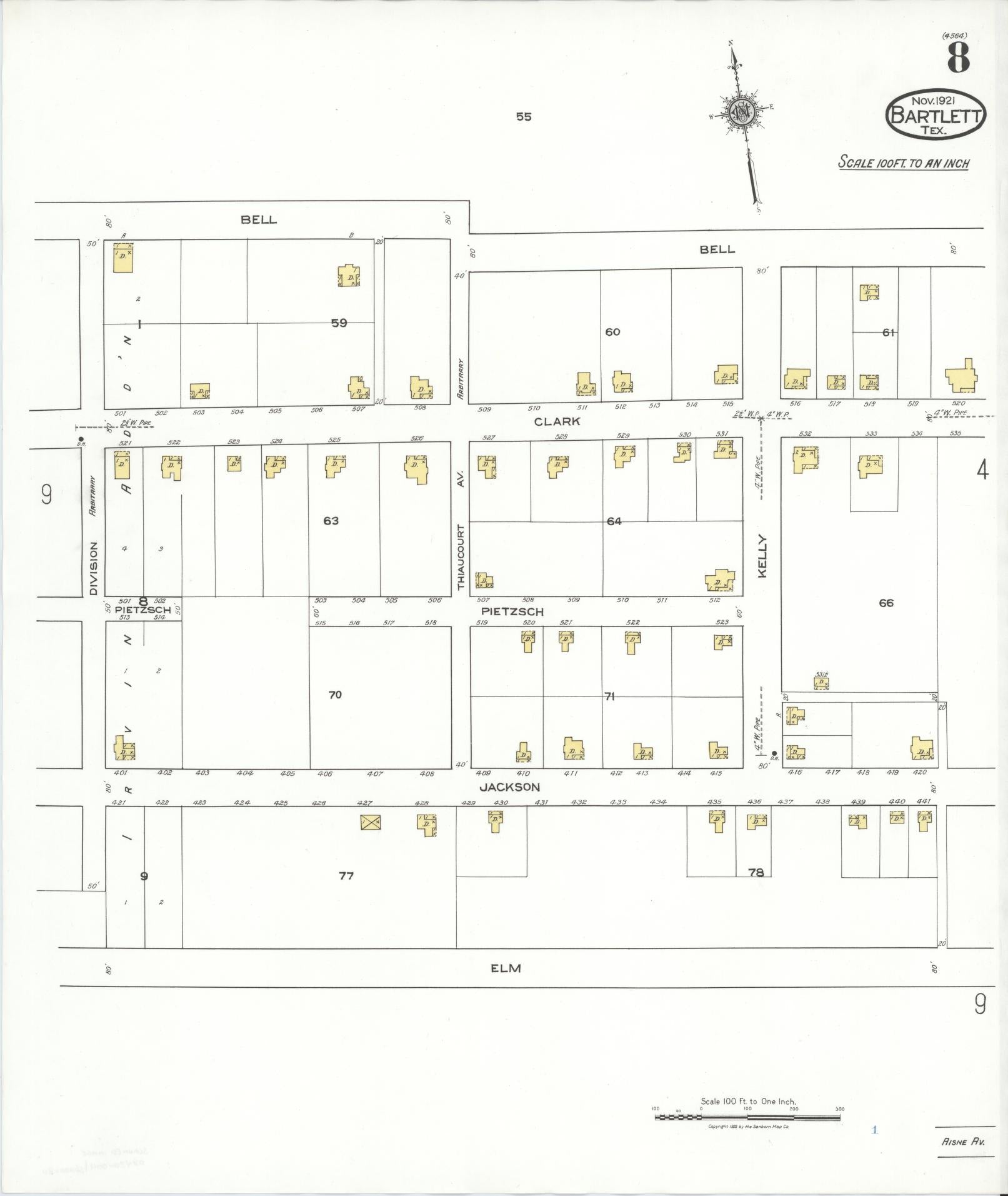 Sanborn Fire Insurance Map from Bartlett, Bell and Williamson Counties, Texas (1921), Sheet #0008 - Complete Map Set gallery image, historic Sanborn map, vintage wall art, Texas Texas