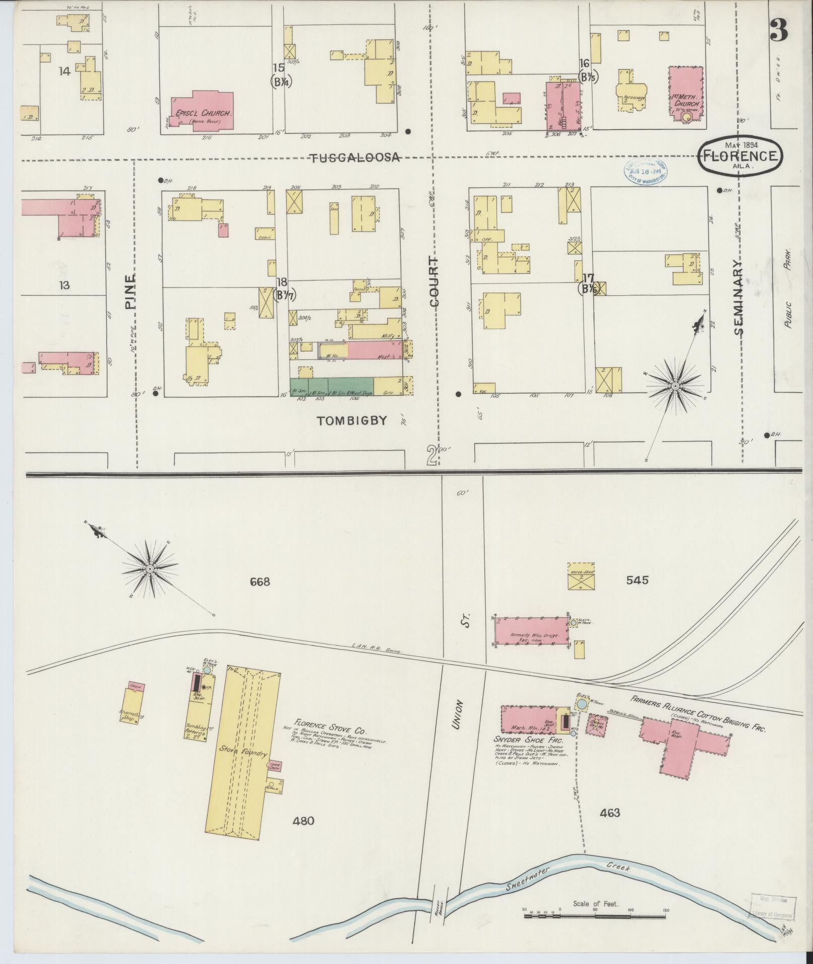 Sanborn Fire Insurance Map from Florence, Lauderdale County, Alabama (1894), Sheet #0003 - Historic Sanborn Fire Insurance Map Print, vintage old map wall art, antique decor, genealogy gift, Alabama Alabama map