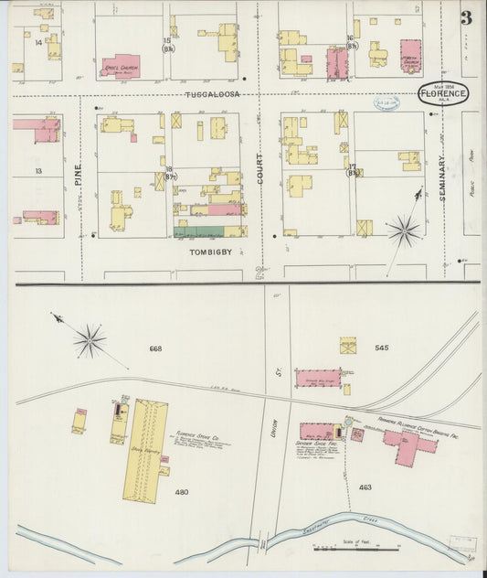 Sanborn Fire Insurance Map from Florence, Lauderdale County, Alabama (1894), Sheet #0003 - Historic Sanborn Fire Insurance Map Print, vintage old map wall art, antique decor, genealogy gift, Alabama Alabama map