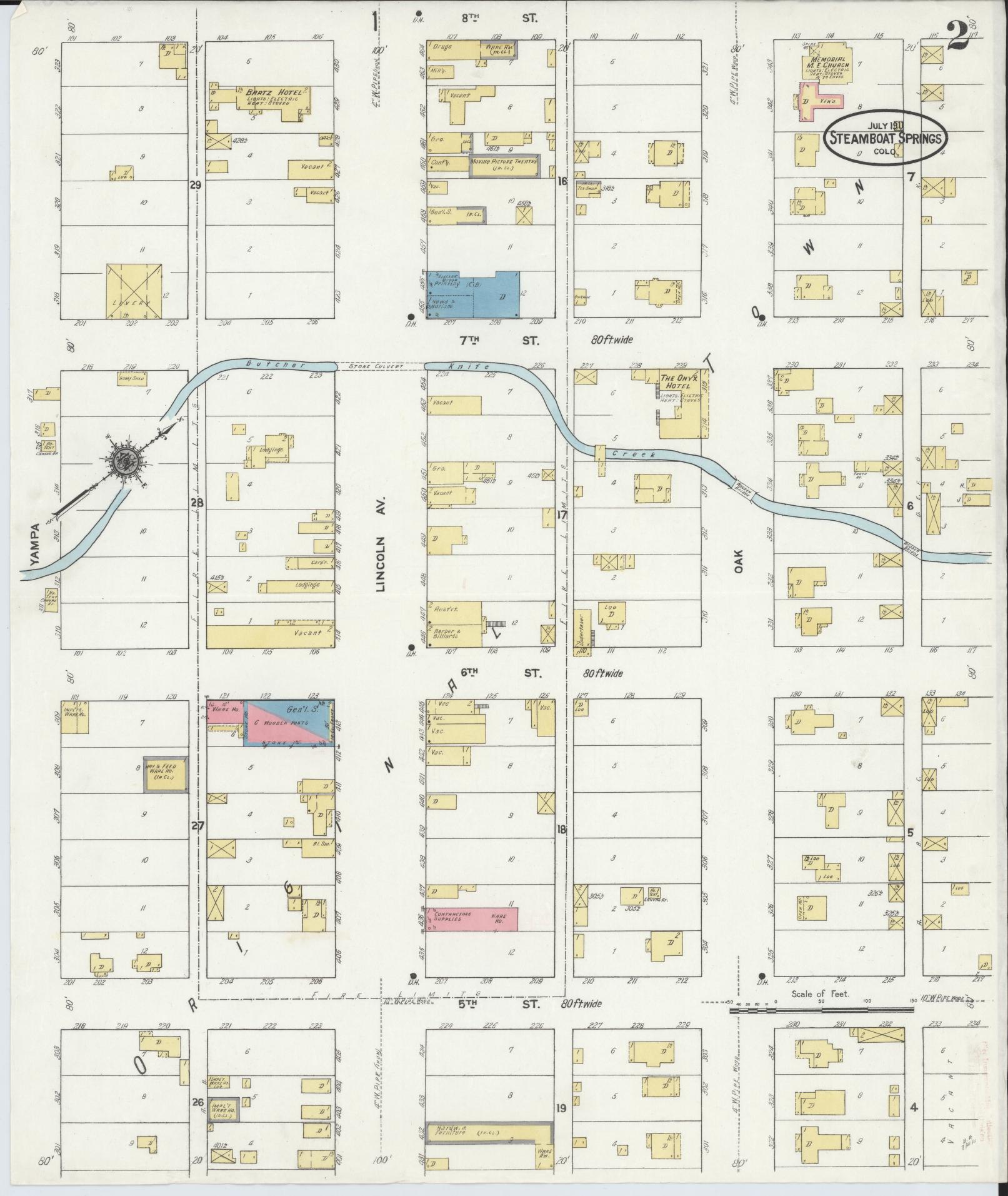 Sanborn Fire Insurance Map from Steamboat Springs, Routt County, Colorado (1911), Sheet #0002 - Historic Sanborn Fire Insurance Map Print, vintage old map wall art, antique decor, genealogy gift, Colorado Colorado map