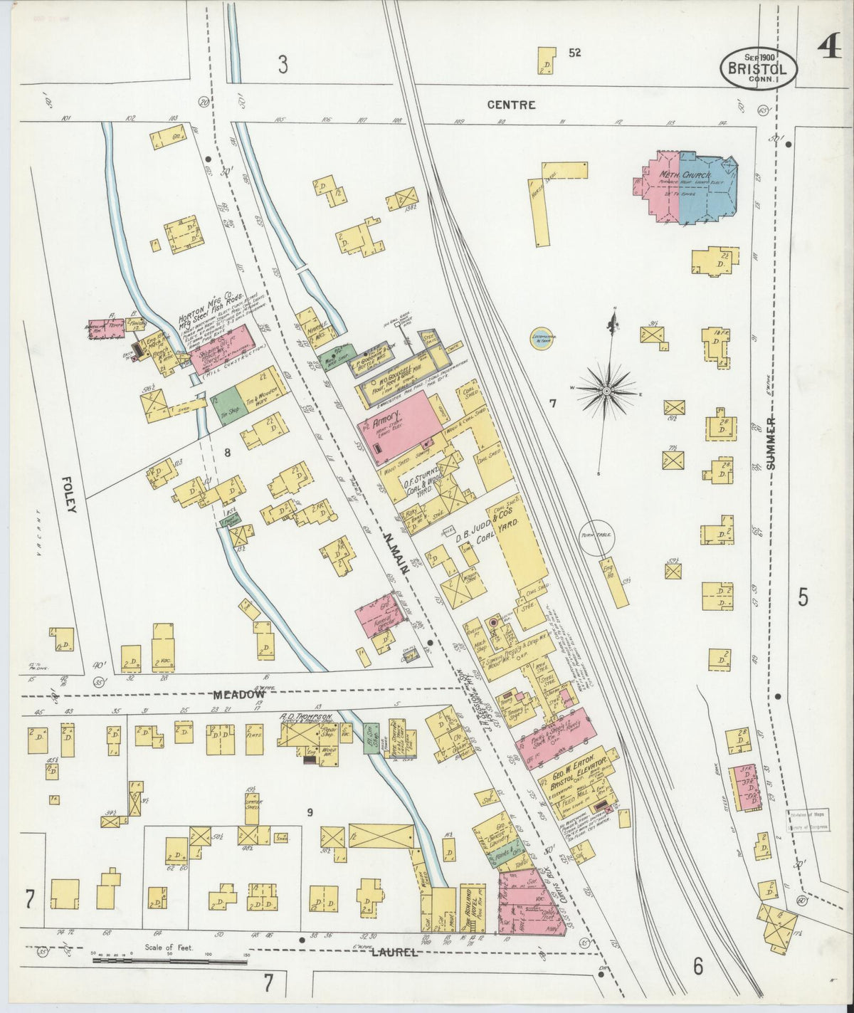 Sanborn Fire Insurance Map from Bristol, Hartford County, Connecticut (1900), Sheet #0004 - Historic Sanborn Fire Insurance Map Print, vintage old map wall art, antique decor, genealogy gift, Connecticut Connecticut map