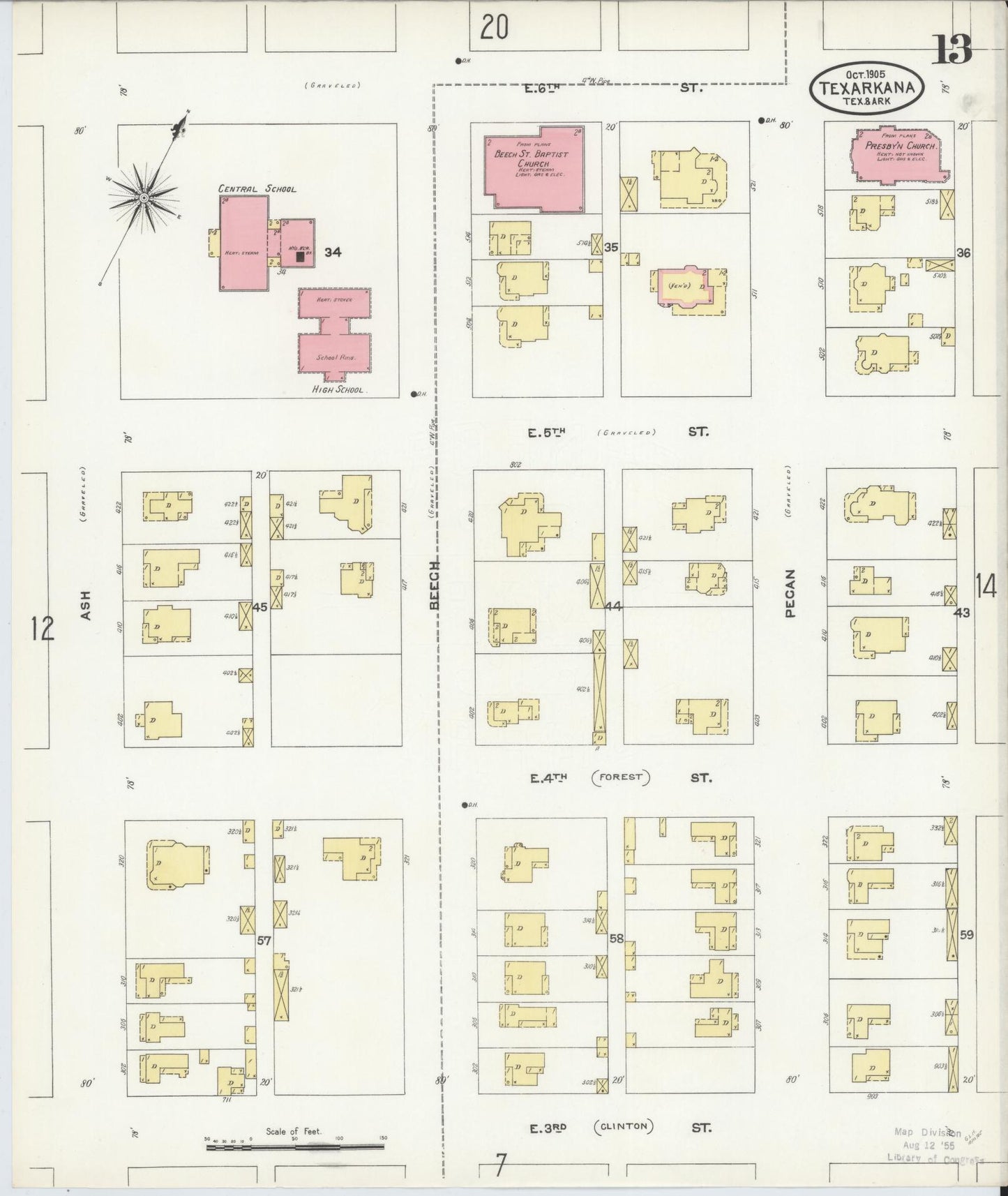 Sanborn Fire Insurance Map from Texarkana, Bowie County, Texas (1905), Sheet #0013 - Complete Map Set gallery image, historic Sanborn map, vintage wall art, Texas Texas