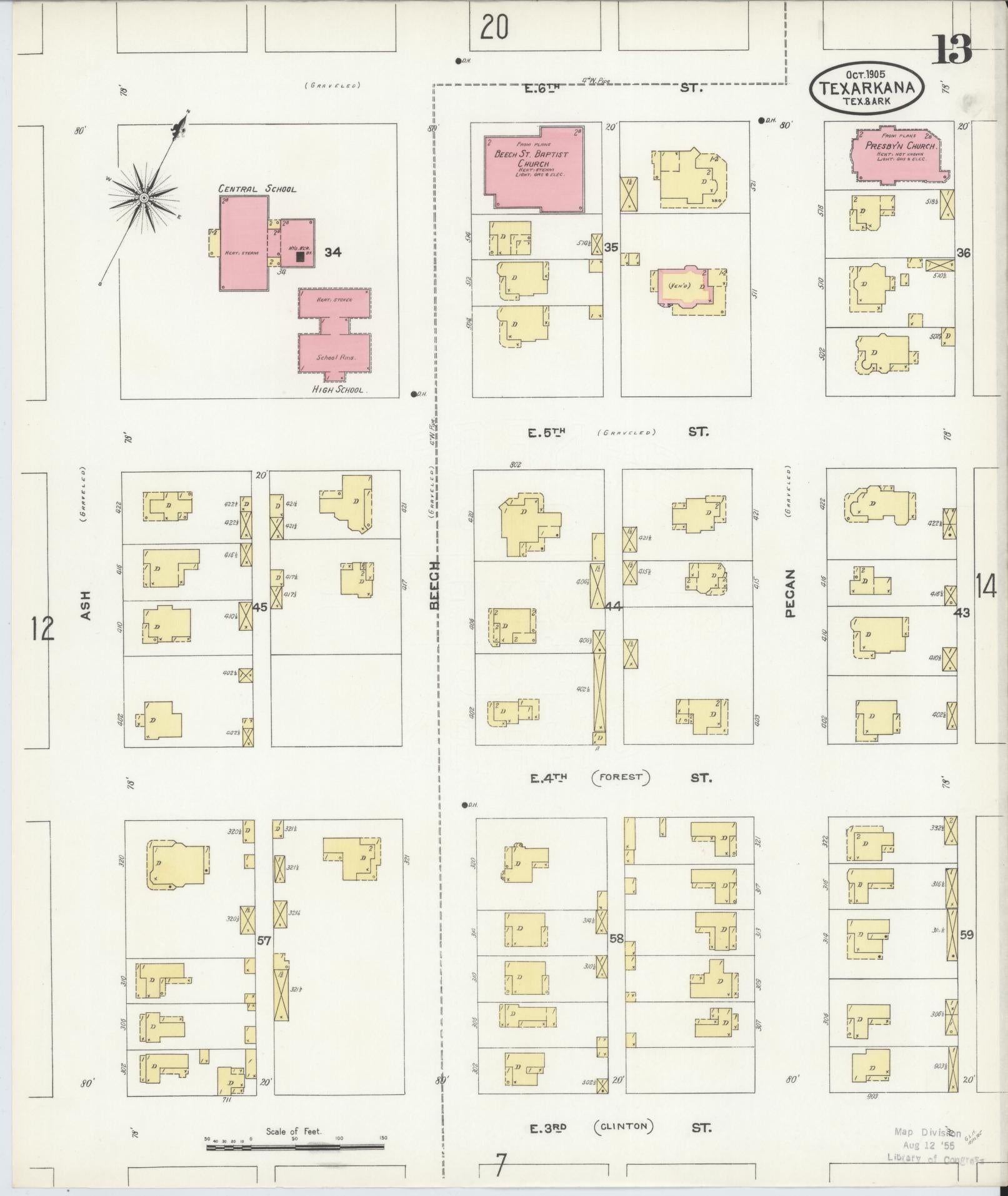 Sanborn Fire Insurance Map from Texarkana, Bowie County, Texas (1905), Sheet #0013 - Complete Map Set gallery image, historic Sanborn map, vintage wall art, Texas Texas