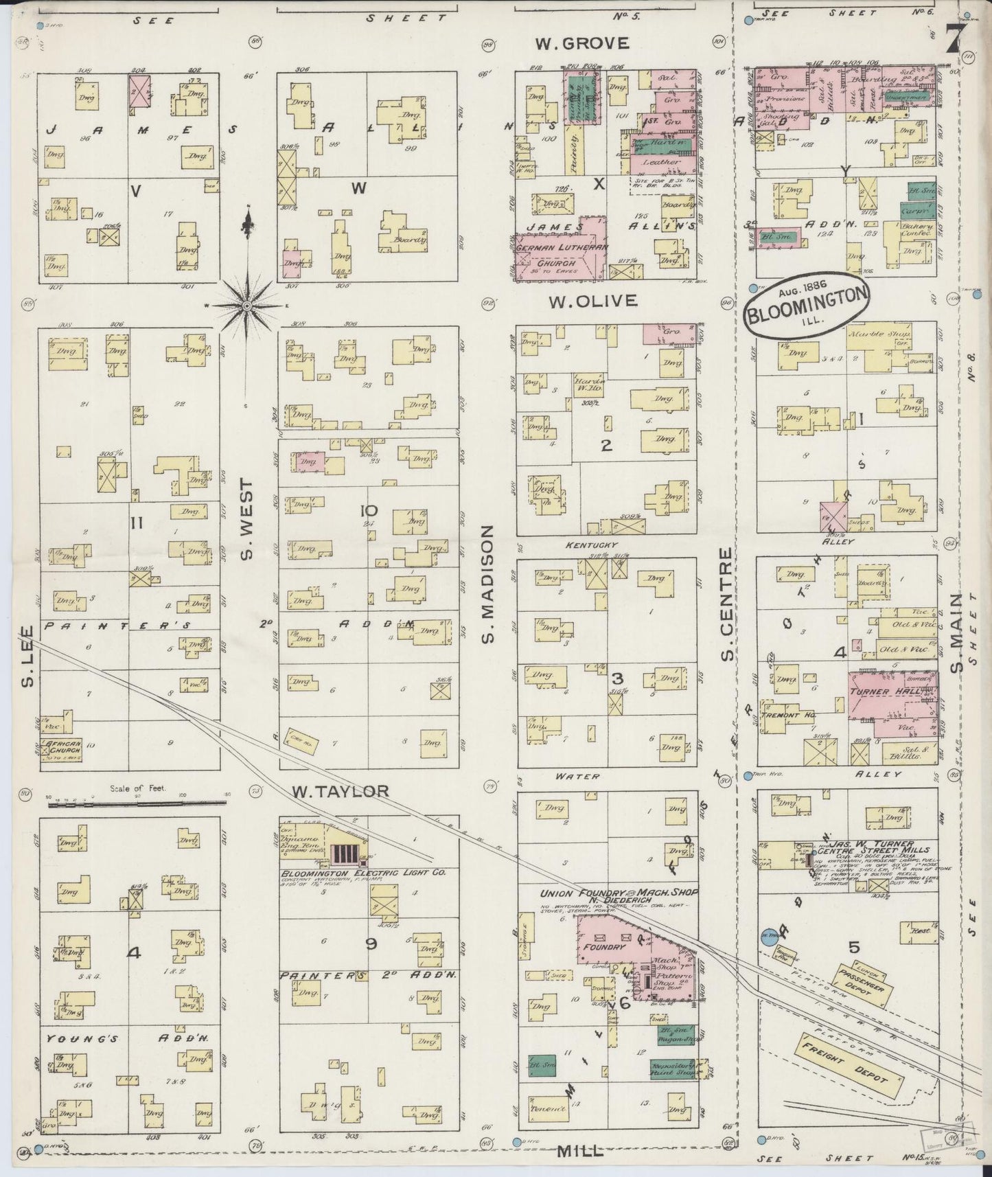 Sanborn Fire Insurance Map from Bloomington, McLean County, Illinois (1886), Sheet #0007 - Complete Map Set gallery image, historic Sanborn map, vintage wall art, Illinois Illinois