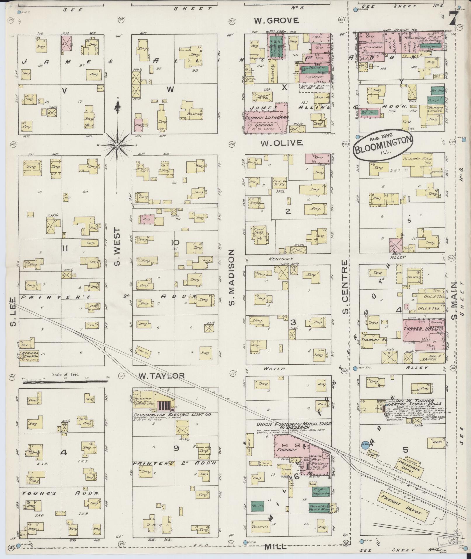 Sanborn Fire Insurance Map from Bloomington, McLean County, Illinois (1886), Sheet #0007 - Complete Map Set gallery image, historic Sanborn map, vintage wall art, Illinois Illinois