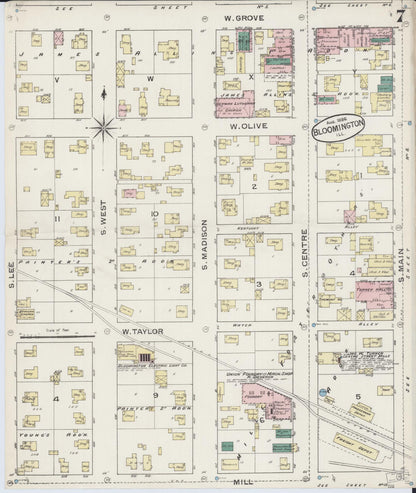 Sanborn Fire Insurance Map from Bloomington, McLean County, Illinois (1886), Sheet #0007 - Complete Map Set gallery image, historic Sanborn map, vintage wall art, Illinois Illinois