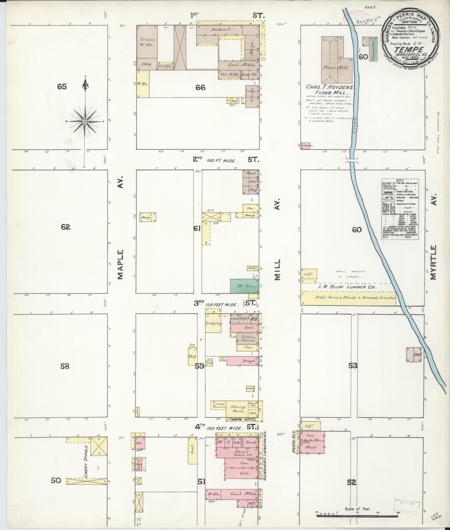 Sanborn Fire Insurance Map from Tempe, Maricopa County, Arizona (1890), Sheet #0001 - Historic Sanborn Fire Insurance Map Print, vintage old map wall art, antique decor, genealogy gift, Arizona Arizona map