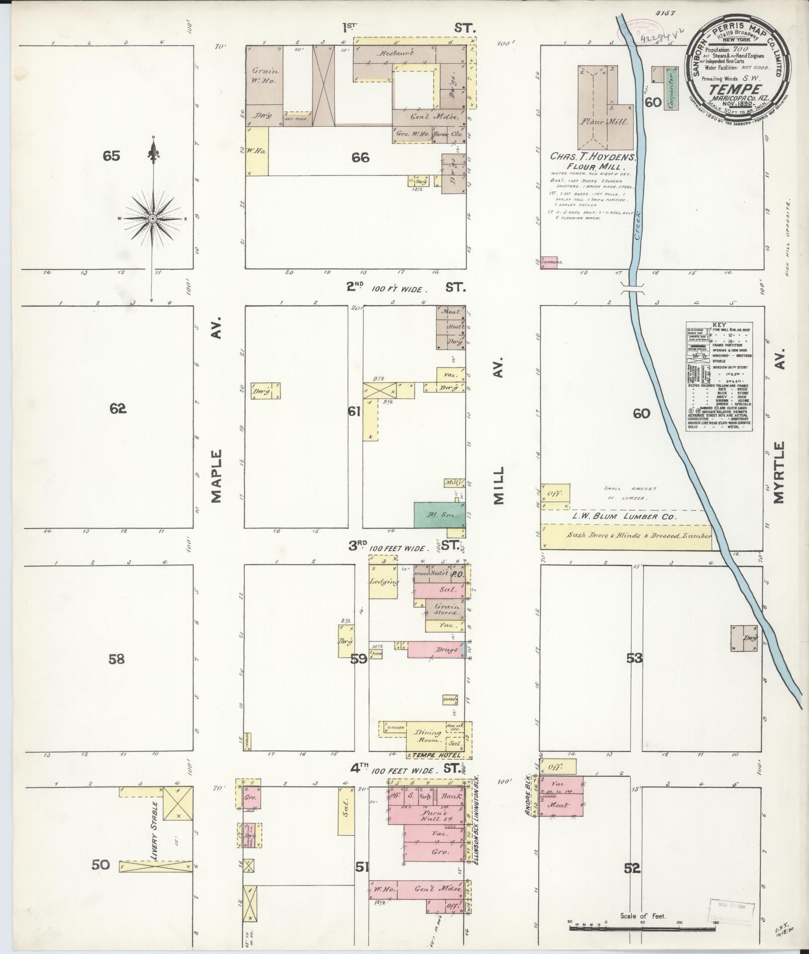 Sanborn Fire Insurance Map from Tempe, Maricopa County, Arizona (1890), Sheet #0001 - Historic Sanborn Fire Insurance Map Print, vintage old map wall art, antique decor, genealogy gift, Arizona Arizona map