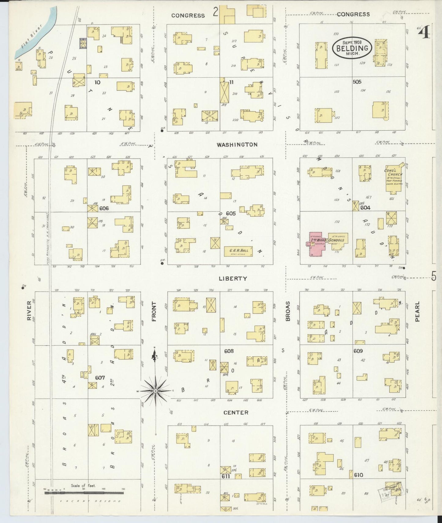 Sanborn Fire Insurance Map from Belding, Ionia County, Michigan (1908), Sheet #0004 - Complete Map Set gallery image, historic Sanborn map, vintage wall art, Michigan Michigan