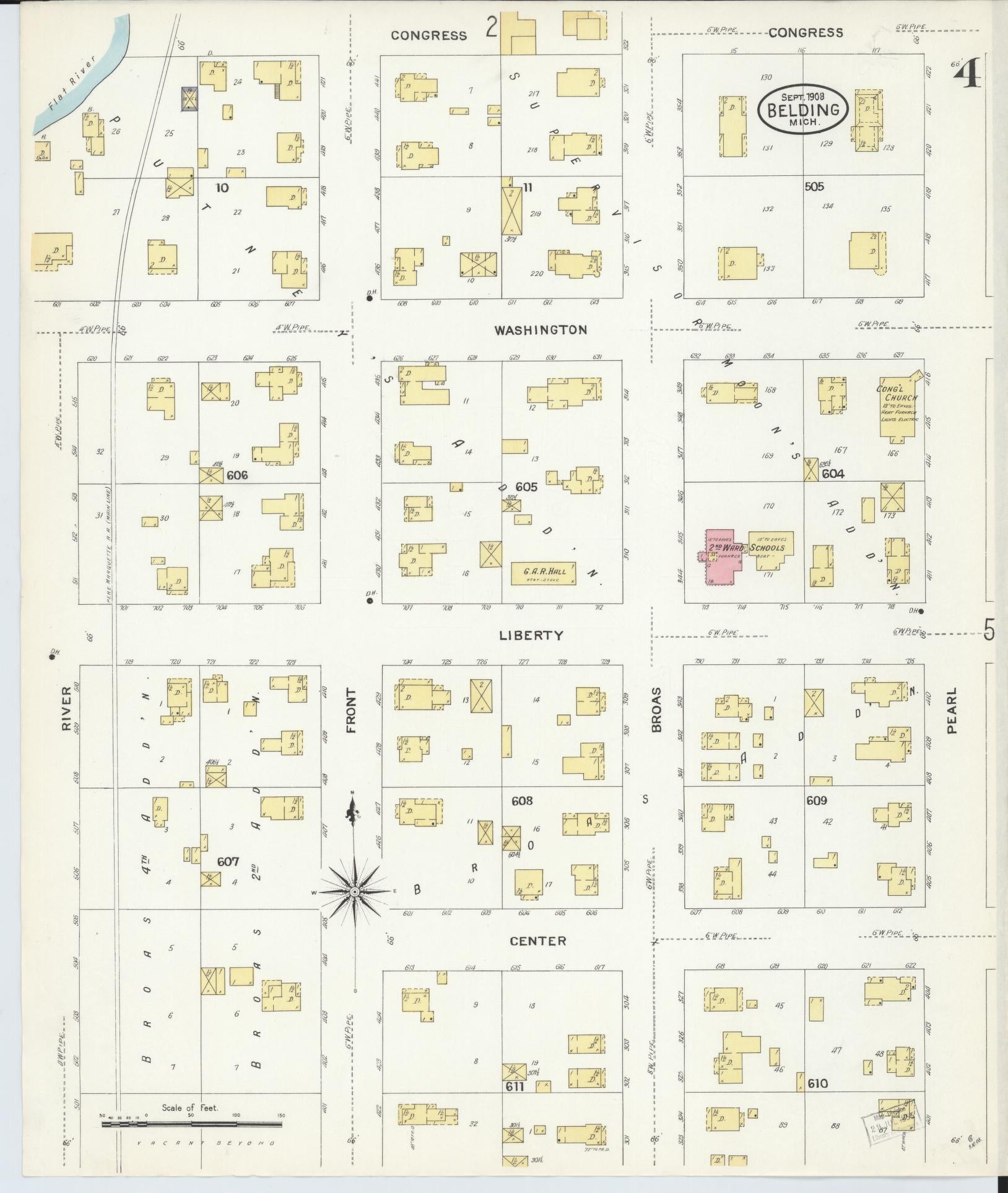 Sanborn Fire Insurance Map from Belding, Ionia County, Michigan (1908), Sheet #0004 - Complete Map Set gallery image, historic Sanborn map, vintage wall art, Michigan Michigan