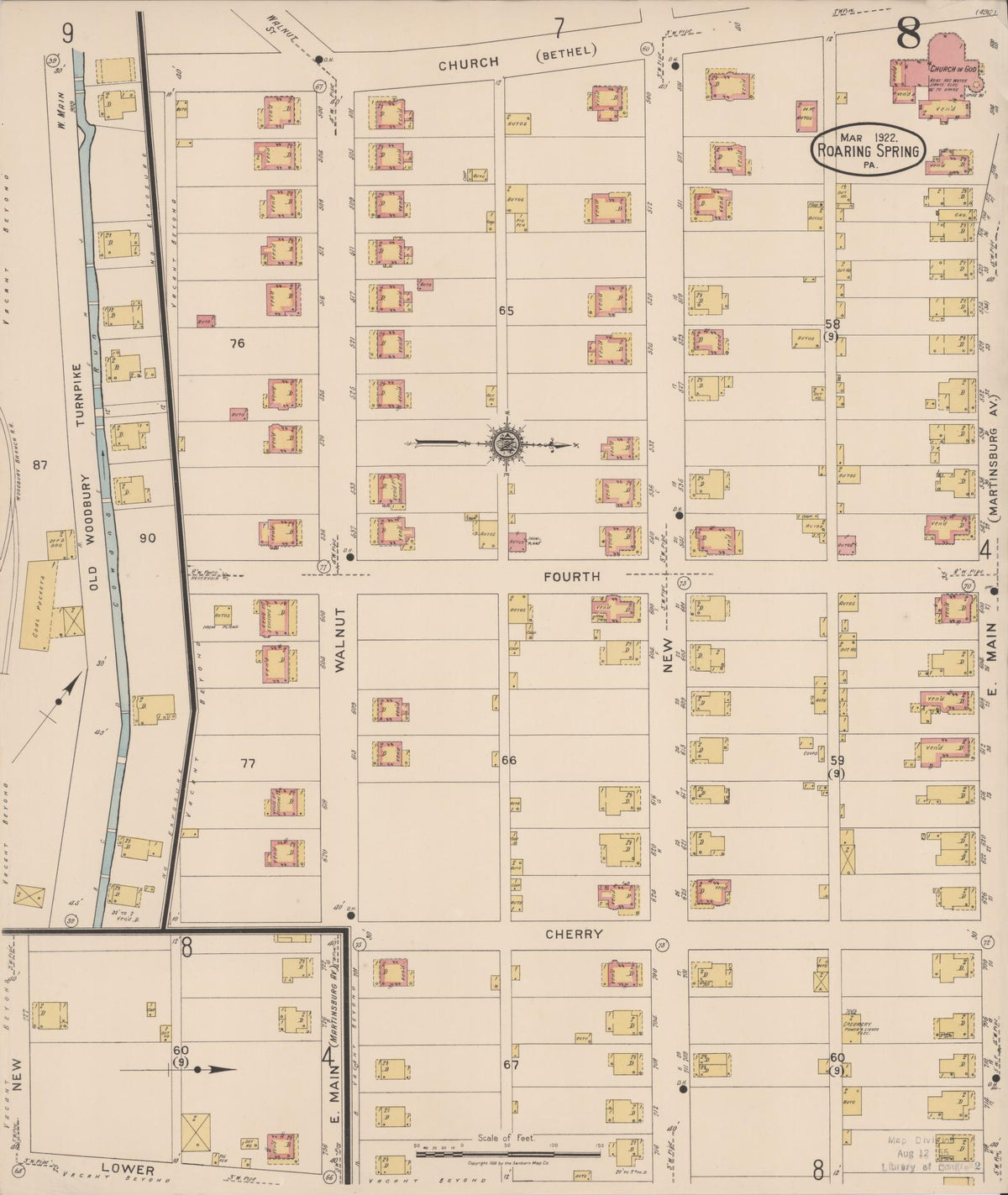 Sanborn Fire Insurance Map from Roaring Spring, Blair County, Pennsylvania (1922), Sheet #0008 - Historic Sanborn Fire Insurance Map Print, vintage old map wall art, antique decor, genealogy gift, Pennsylvania Pennsylvania map