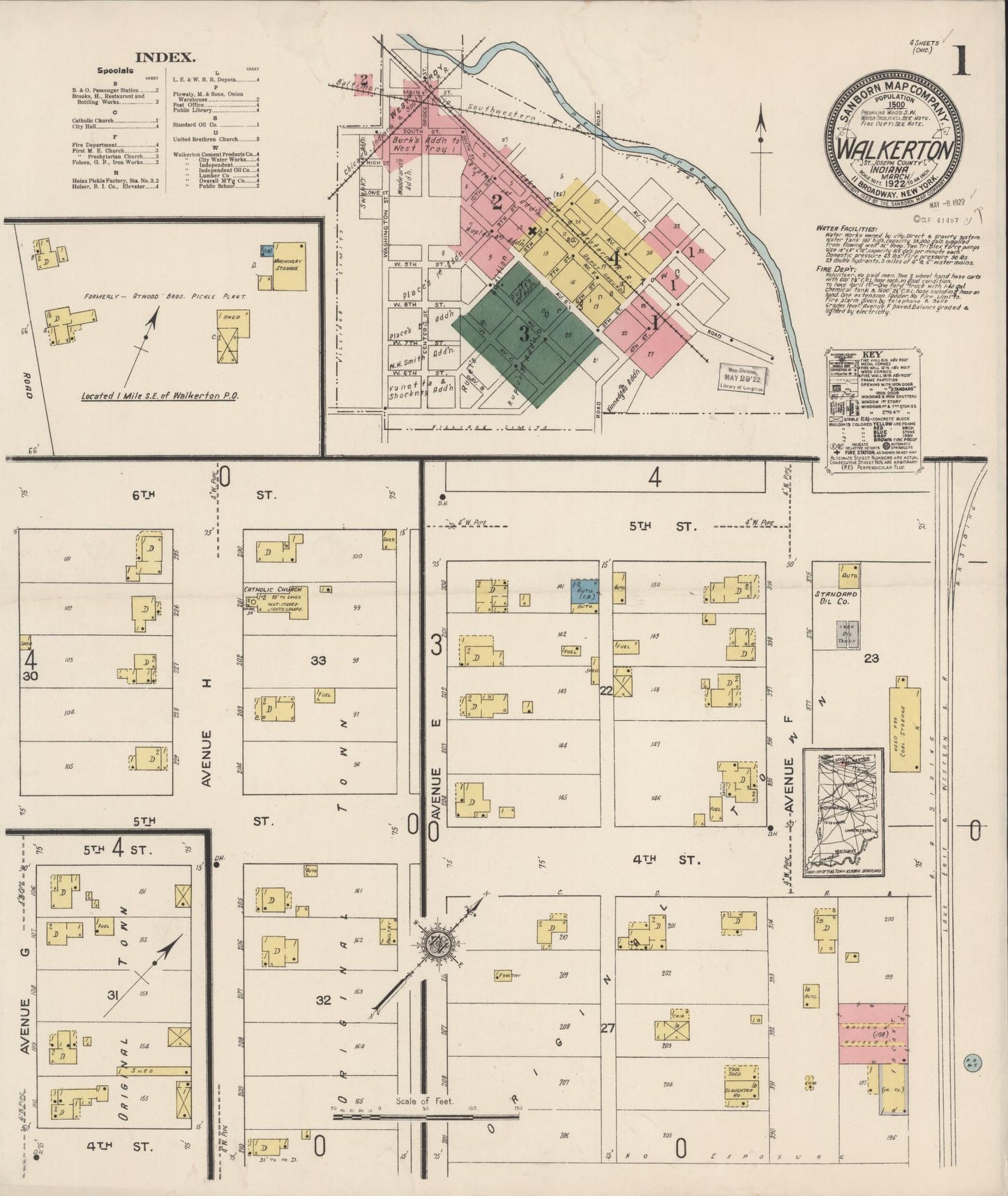 Sanborn Fire Insurance Map from Walkerton, Saint Joseph County, Indiana (1922), Sheet #0001 - Historic Sanborn Fire Insurance Map Print, vintage old map wall art, antique decor, genealogy gift, Indiana Indiana map