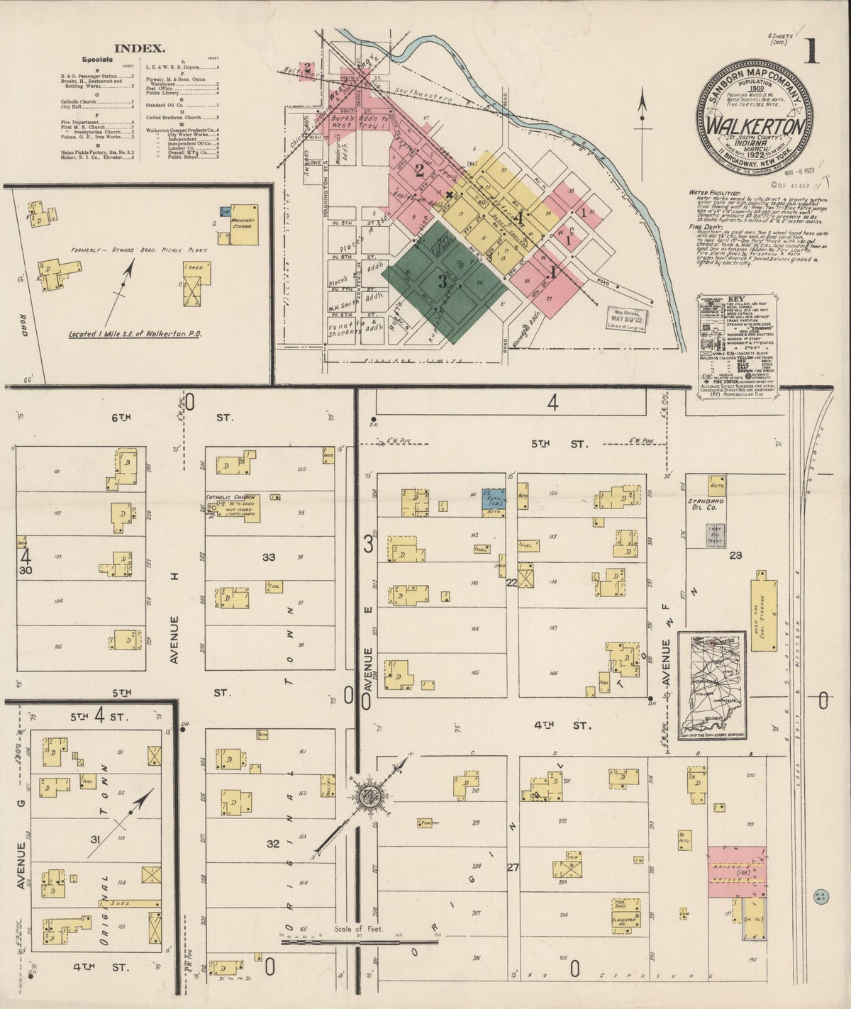 Sanborn Fire Insurance Map from Walkerton, Saint Joseph County, Indiana (1922), Sheet #0001 - Historic Sanborn Fire Insurance Map Print, vintage old map wall art, antique decor, genealogy gift, Indiana Indiana map
