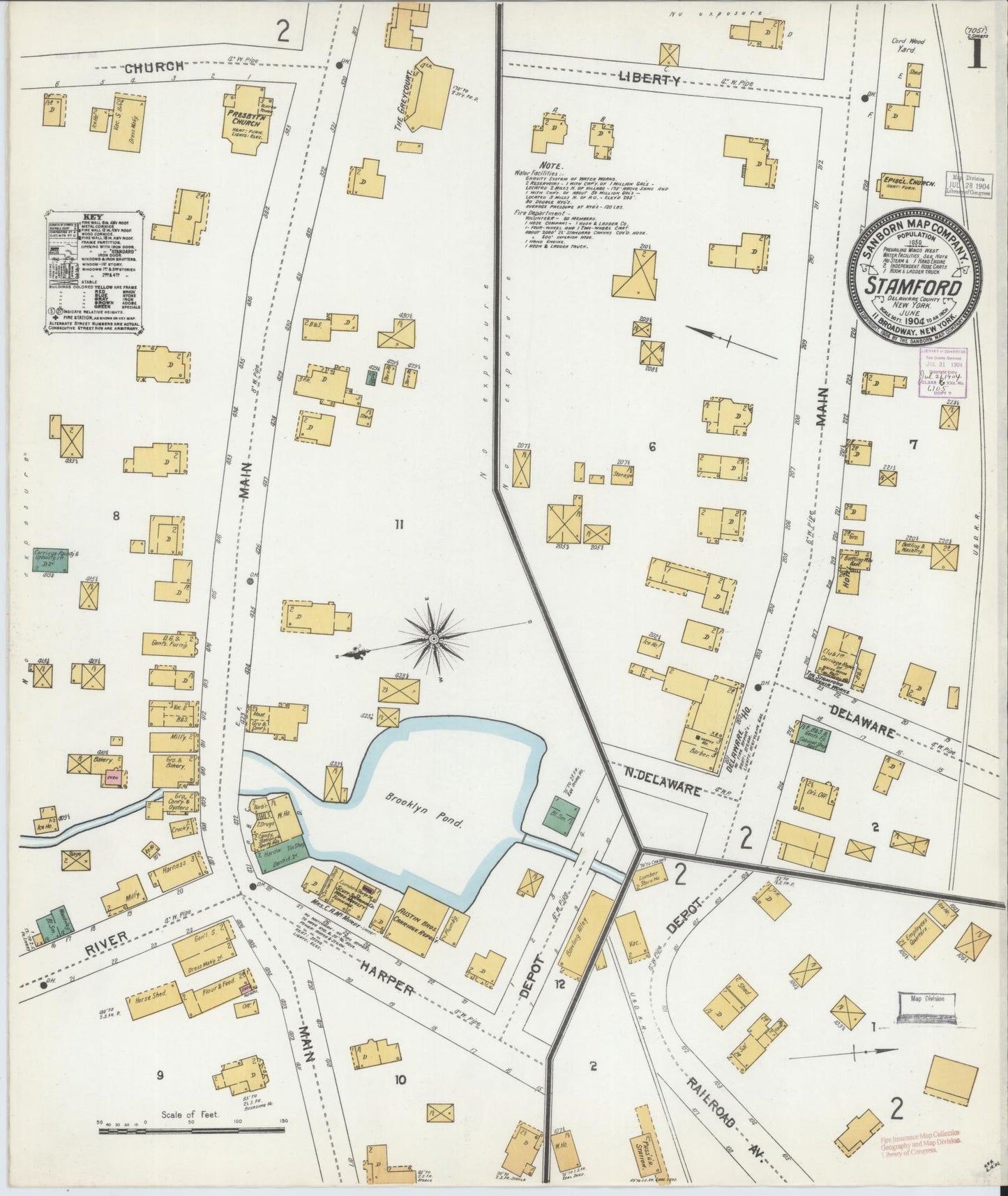 Sanborn Fire Insurance Map from Stamford, Delaware County, New York (1904), Sheet #0001 - Historic Sanborn Fire Insurance Map Print, vintage old map wall art, antique decor, genealogy gift, New York New York map