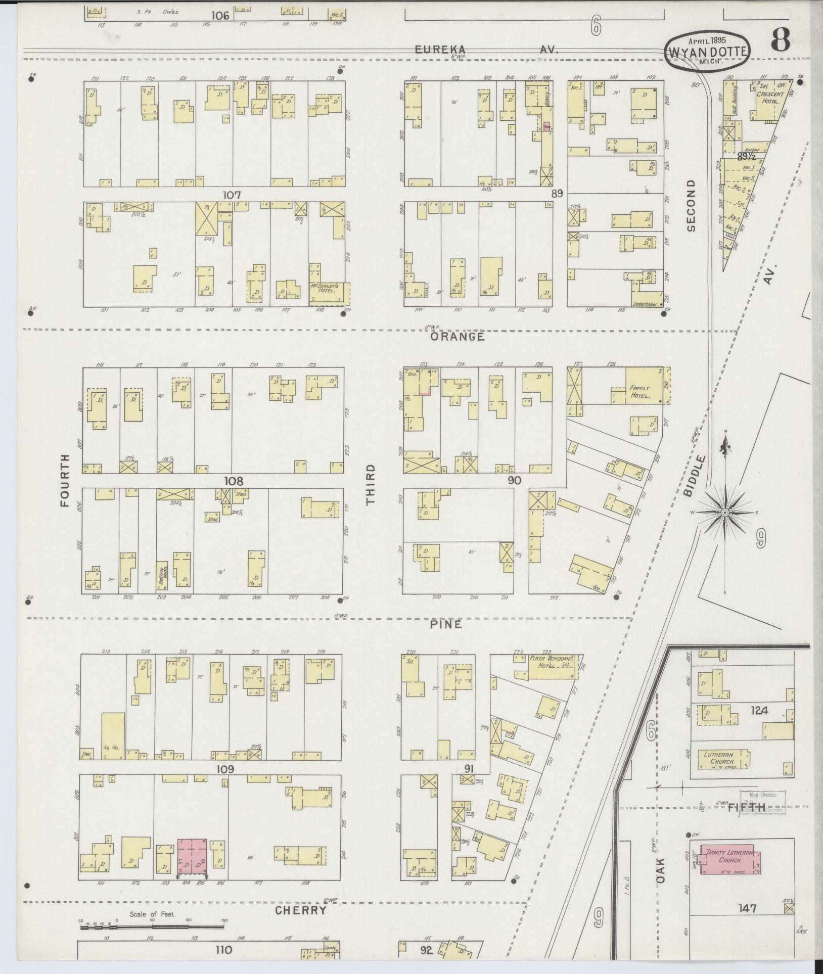 Sanborn Fire Insurance Map from Wyandotte, Wayne County, Michigan (1895), Sheet #0008 - Complete Map Set gallery image, historic Sanborn map, vintage wall art, Michigan Michigan