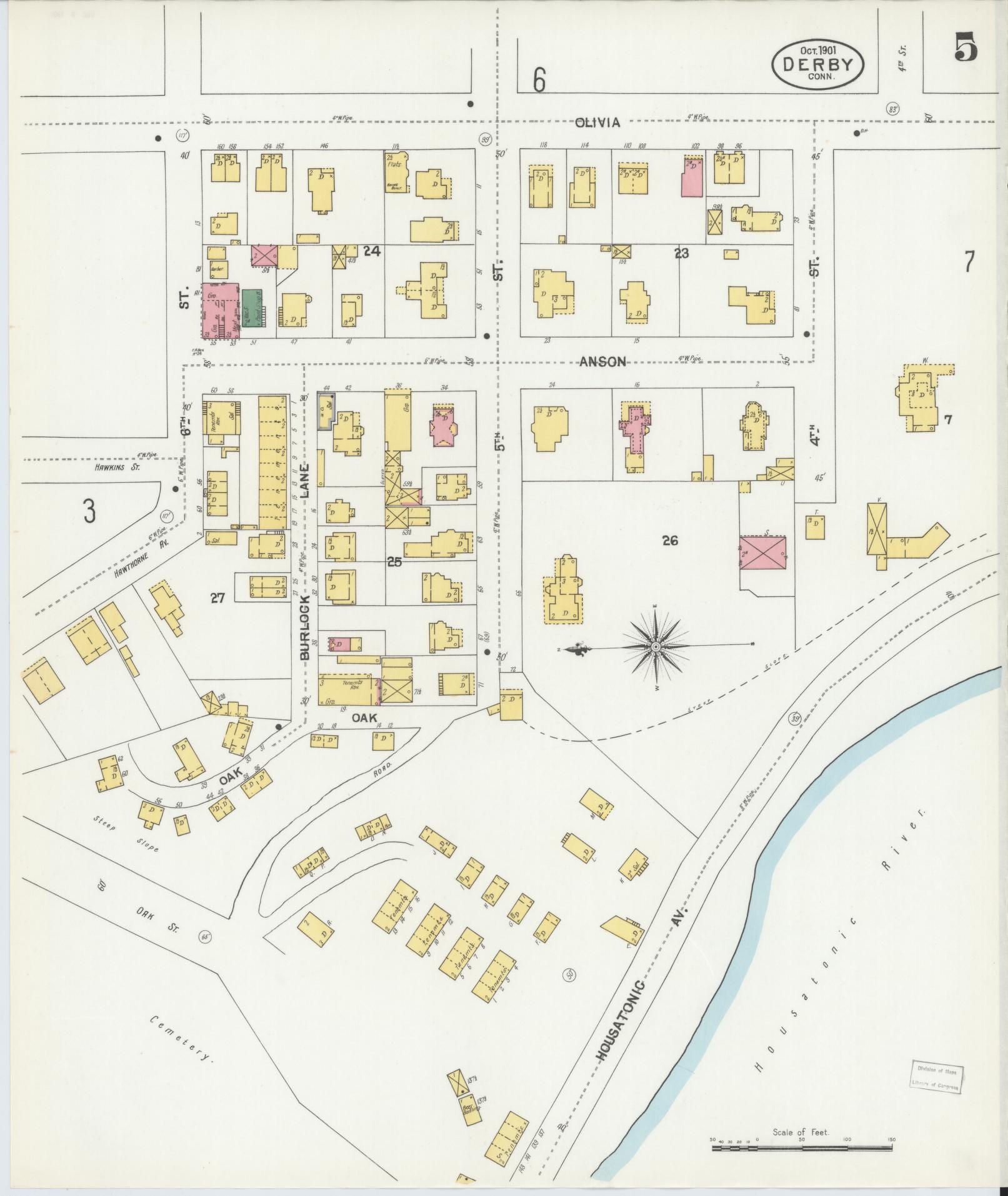 Sanborn Fire Insurance Map from Derby, New Haven County, Connecticut (1901), Sheet #0005 - Historic Sanborn Fire Insurance Map Print, vintage old map wall art, antique decor, genealogy gift, Connecticut Connecticut map