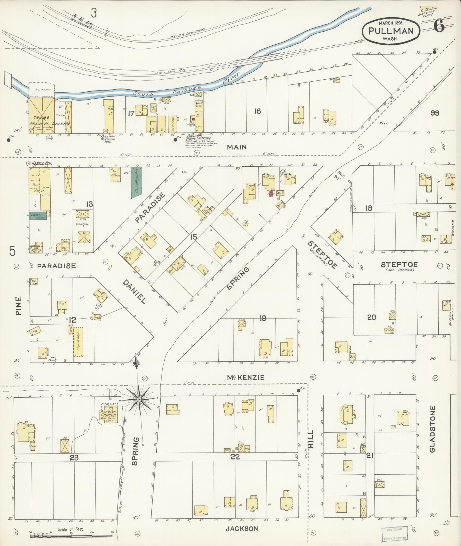 Sanborn Fire Insurance Map from Pullman, Whitman County, Washington (1896), Sheet #0006 - Complete Map Set gallery image, historic Sanborn map, vintage wall art, Washington Washington