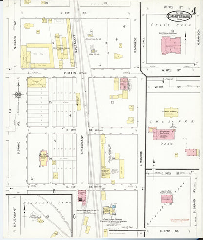 Sanborn Fire Insurance Map from Emmetsburg, Palo Alto County, Iowa (1916), Sheet #0004 - Historic Sanborn Fire Insurance Map Print, vintage old map wall art