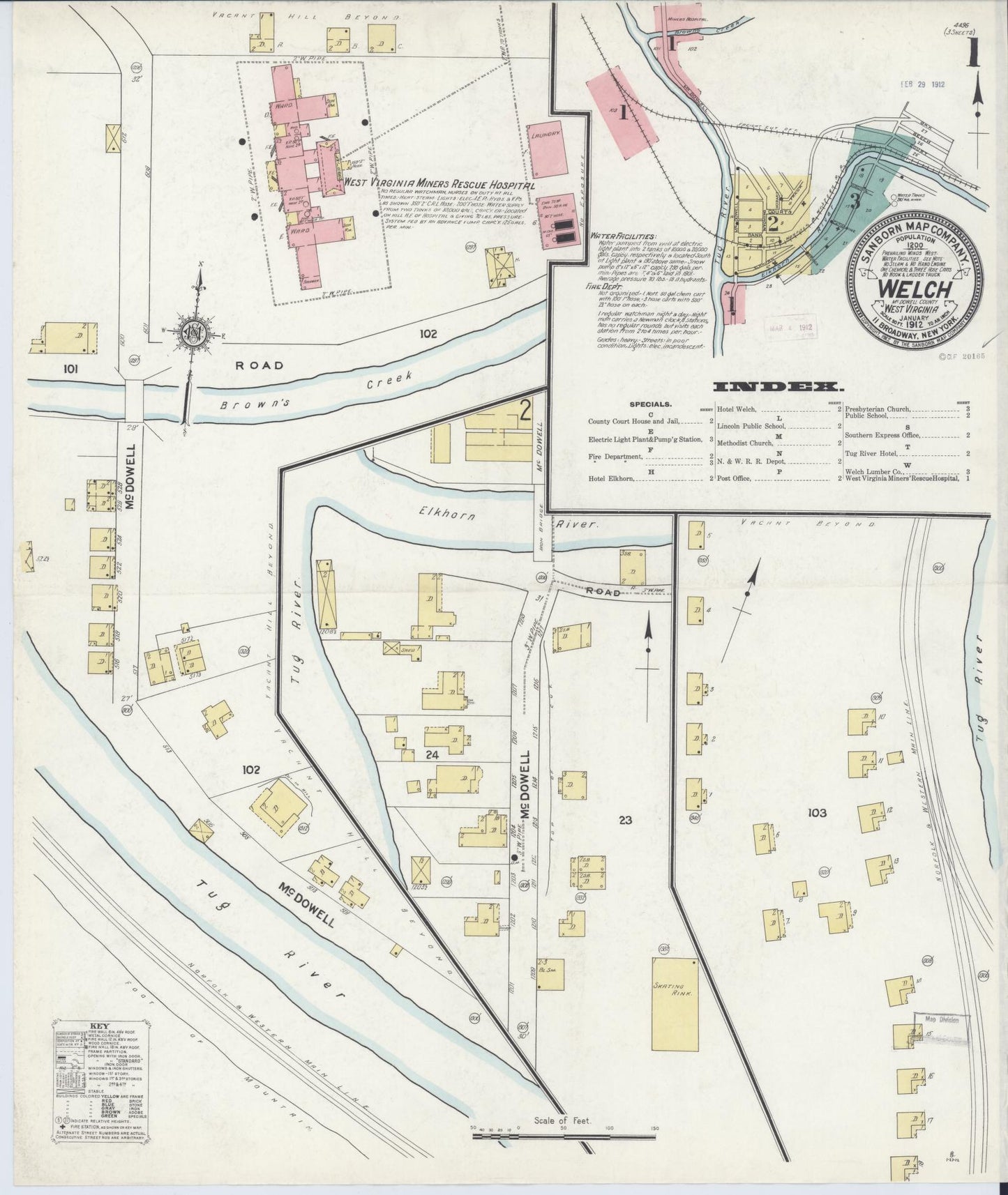 Sanborn Fire Insurance Map from Welch, Mcdowell County, West Virginia (1912), Sheet #0001 - Historic Sanborn Fire Insurance Map Print, vintage old map wall art, antique decor, genealogy gift, West Virginia West Virginia map