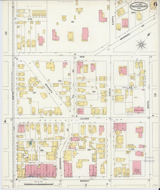 Sanborn Fire Insurance Map from Parkersburg, Wood County, West Virginia (1898), Sheet #0006 - Historic Sanborn Fire Insurance Map Print, vintage old map wall art, antique decor, genealogy gift, West Virginia West Virginia map