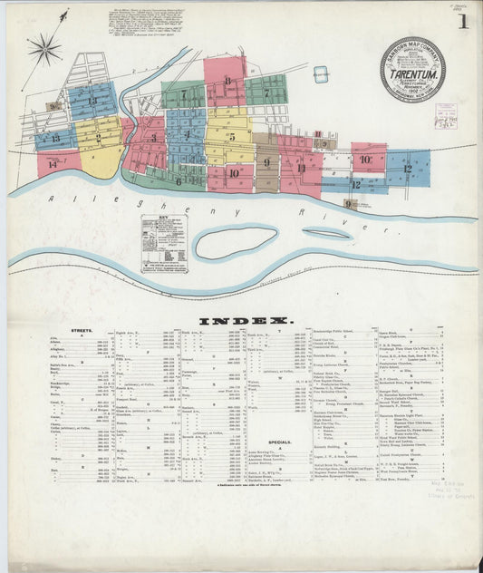 Sanborn Fire Insurance Map from Tarentum, Allegheny County, Pennsylvania (1902), Sheet #0001 - Historic Sanborn Fire Insurance Map Print, vintage old map wall art, antique decor, genealogy gift, Pennsylvania Pennsylvania map