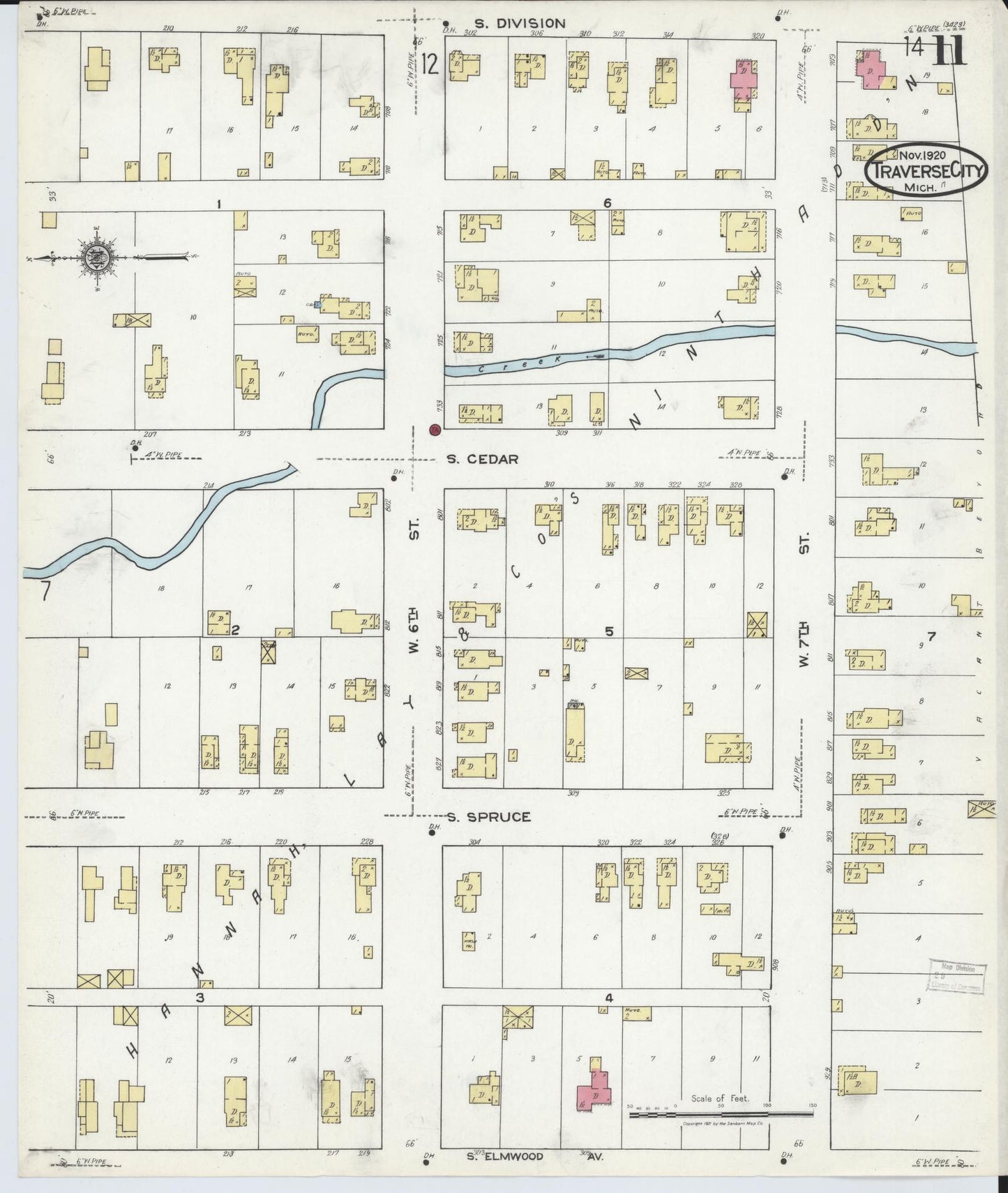 Sanborn Fire Insurance Map from Traverse City, Grand Traverse County, Michigan (1920), Sheet #0011 - Historic Sanborn Fire Insurance Map Print, vintage old map wall art, antique decor, genealogy gift, Michigan Michigan map